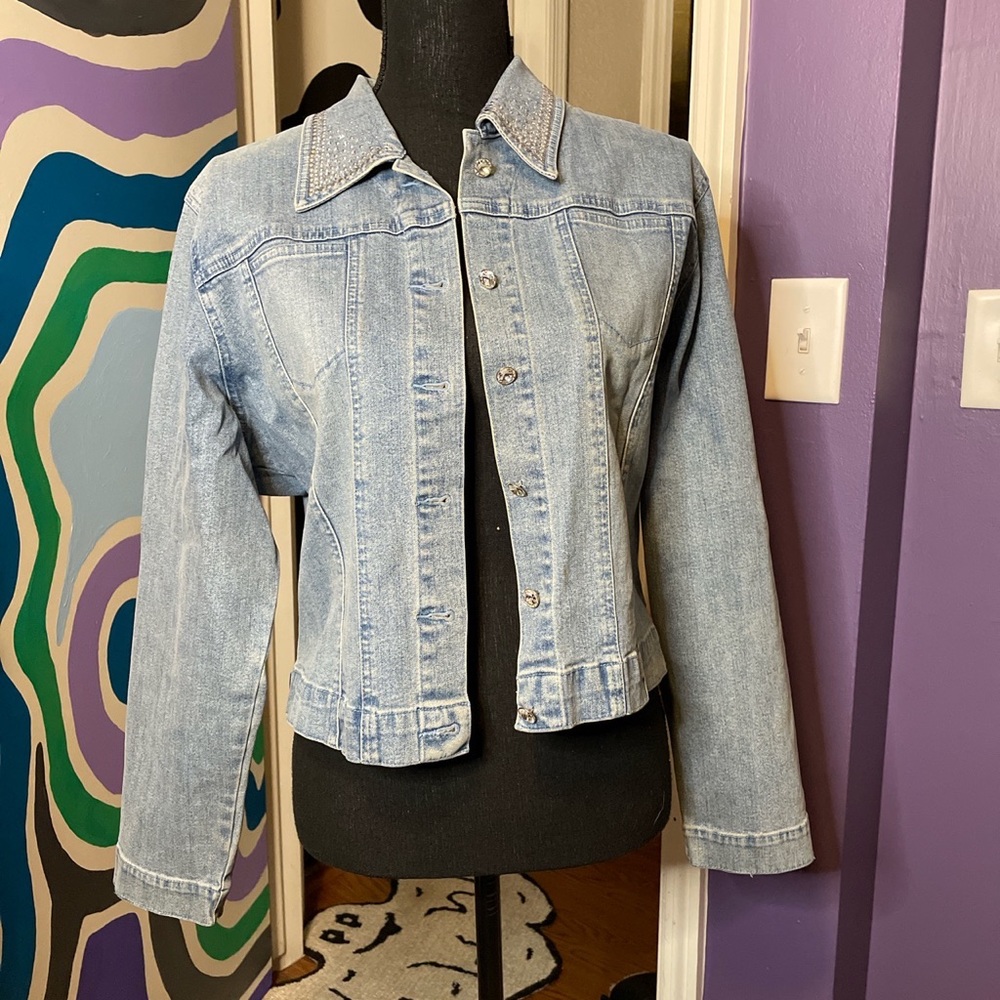Rhinestone Collared Jean Jacket - image 1